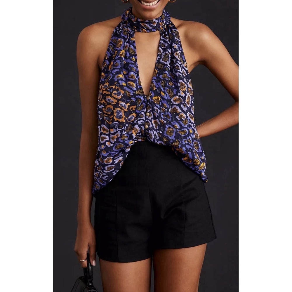 Anthropologie Women's L Sleeveless Halter Tank Leopard Print Button Up